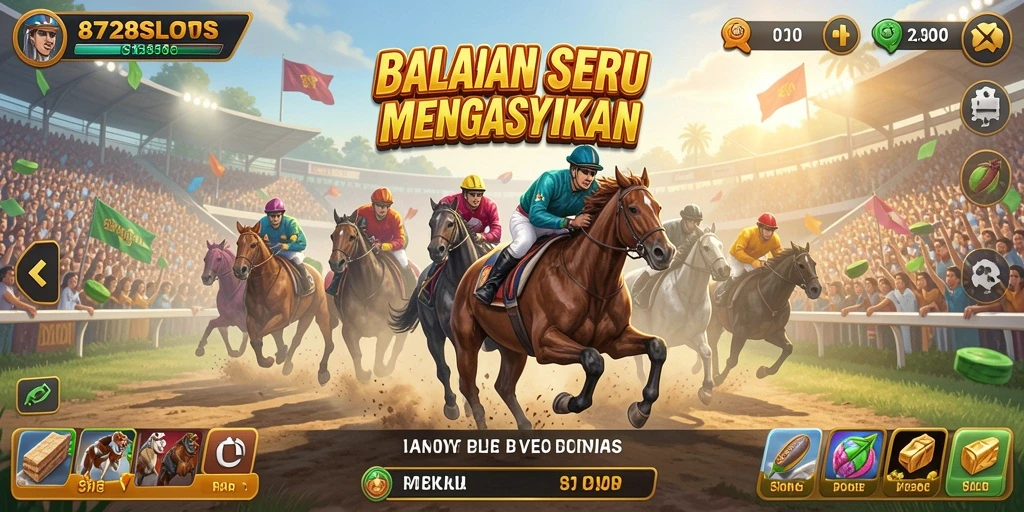 Screenshot gameplay 8728SLOTS dengan aksi balapan yang mendebarkan.
