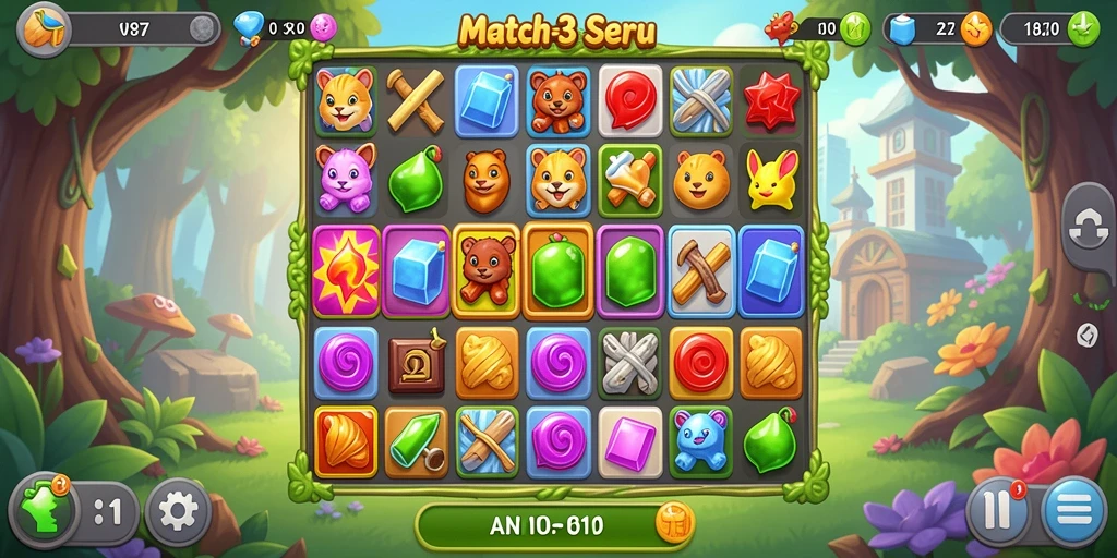 Tampilan gameplay V87 yang menarik dengan aksi Match-3 seru.